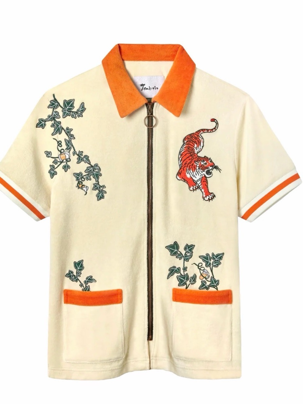 Tombolo Crouching TigerShort-Sleeve Embroidered Zip Shirt with Orange Trim Terry